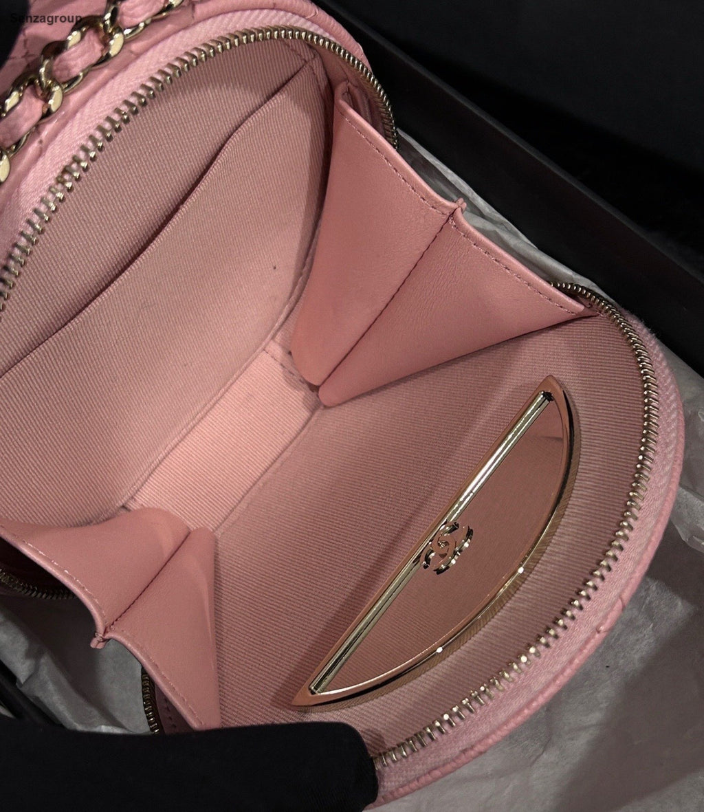 Chanel Diamond Calfskin Round Bag Chain Shoulder Bag Crossbody Pink Gold Women