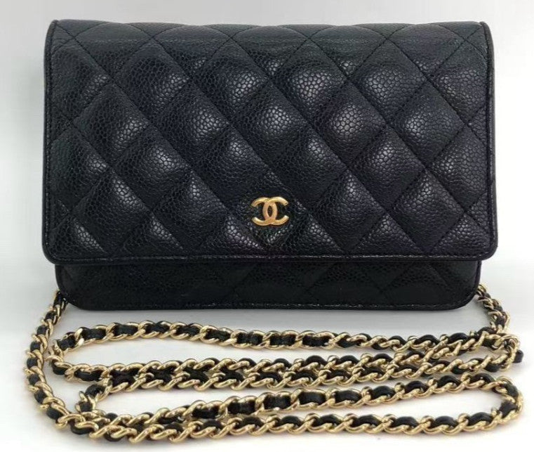 Chanel WOC Chain Shoulder Bag Crossbody Gold Black Used Women Diamond Classic