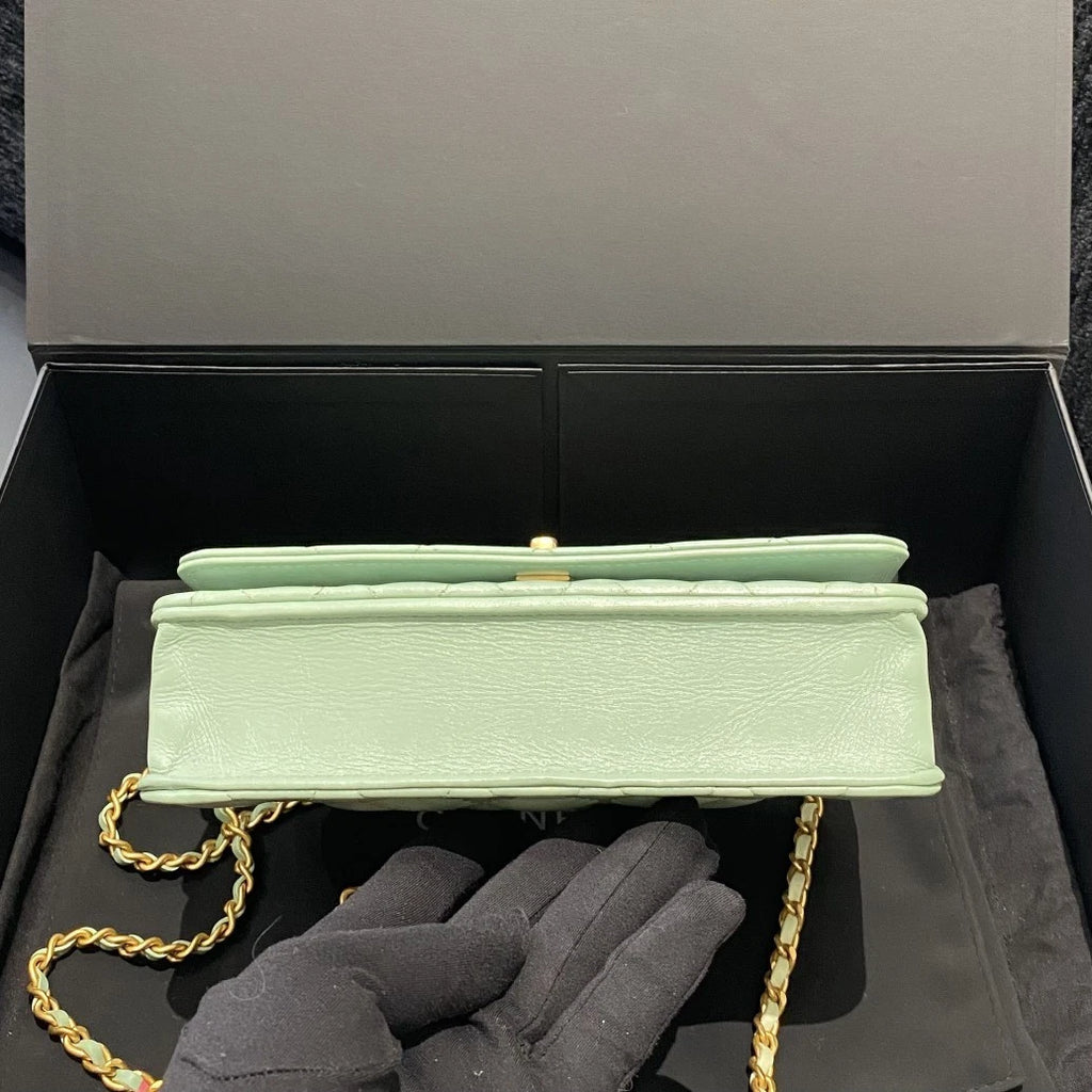 Chanel WOC Lambskin Diamond Top Handle Crossbody Green Gold Women Classic D
