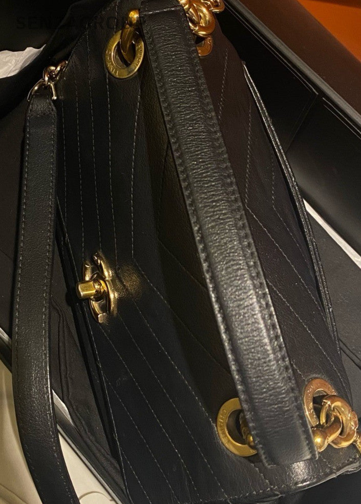 CHANEL Saddle Bag Top Handle Bag Chain Shoulder Bag Black Gold Women Classic
