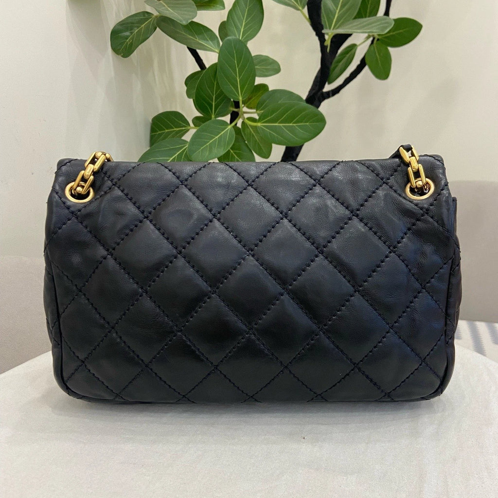 Chanel Classic Flap Diamond Chain Shoulder Crossbody Black Gold Used Women