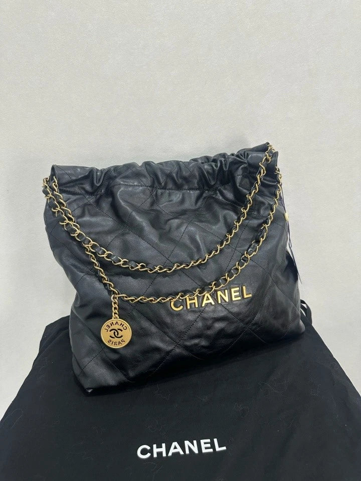 Authentic CHANEL Black Gold Medium 22Bag Tote For Women