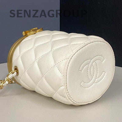 Chanel White Gold Cylinder Chain Shoulder Bag Quilted Classic Women
