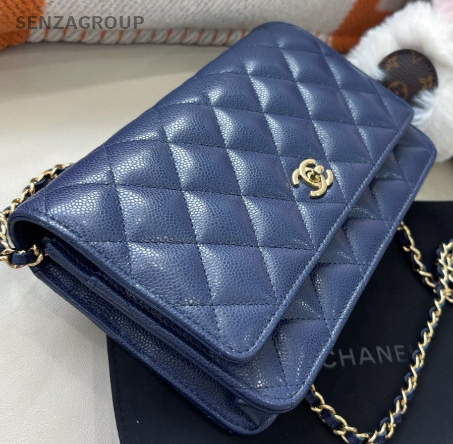 Chanel WOC Calfskin Chain Shoulder Bag Crossbody Blue Gold Women Classic Fashion