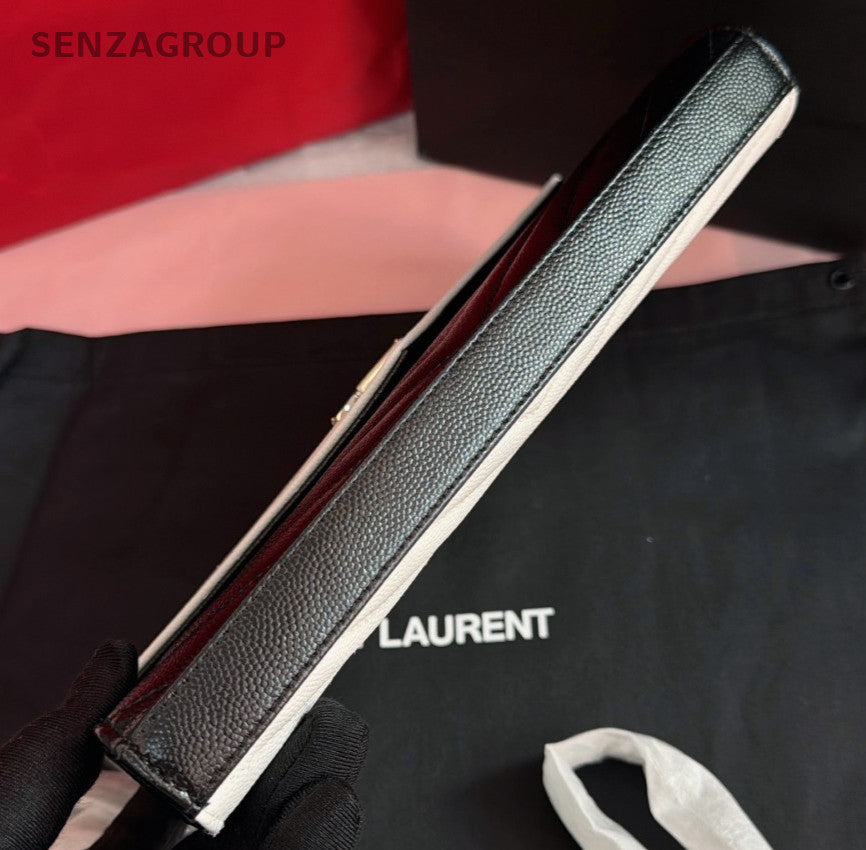 Saint Laurent Calfskin Envelope Shoulder Bag Crossbody Black White Silver Women