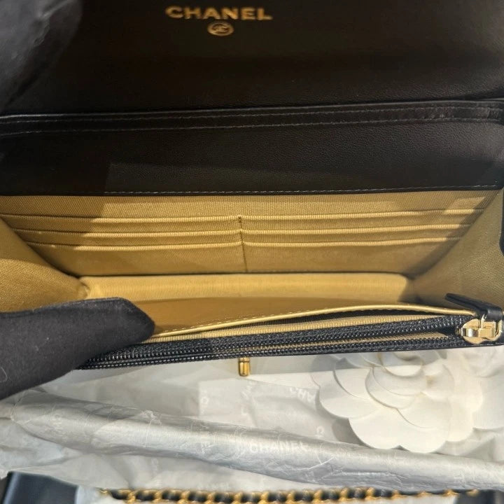 Chanel Woc Chain Lambskin Shoulder Crossbody Bag Black Gold Women D