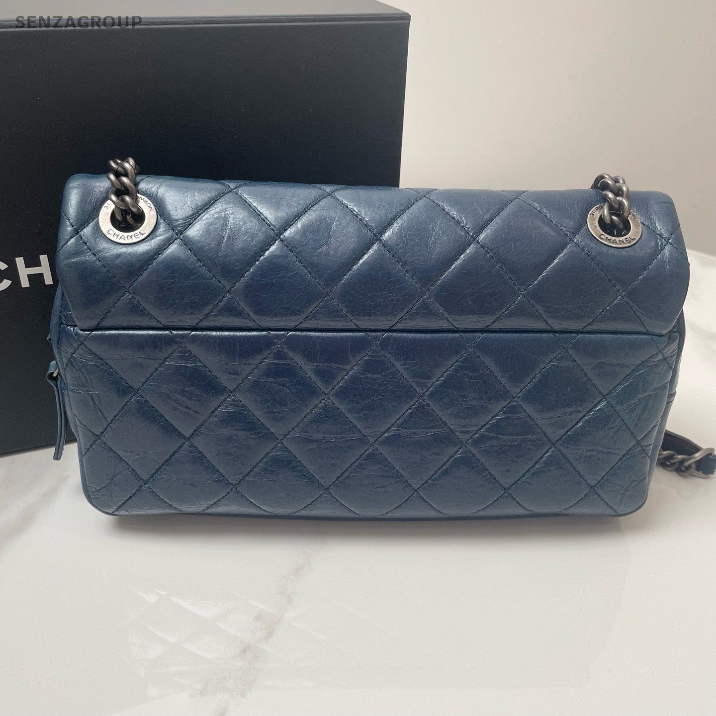 CHANEL Classic Flap Vintage Diamond Pattern Chain Shoulder bag Blue Silver
