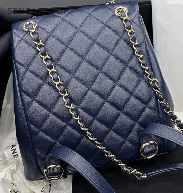 Chanel Duma MM Calfskin Backpack Blue Gold Used Women Classic
