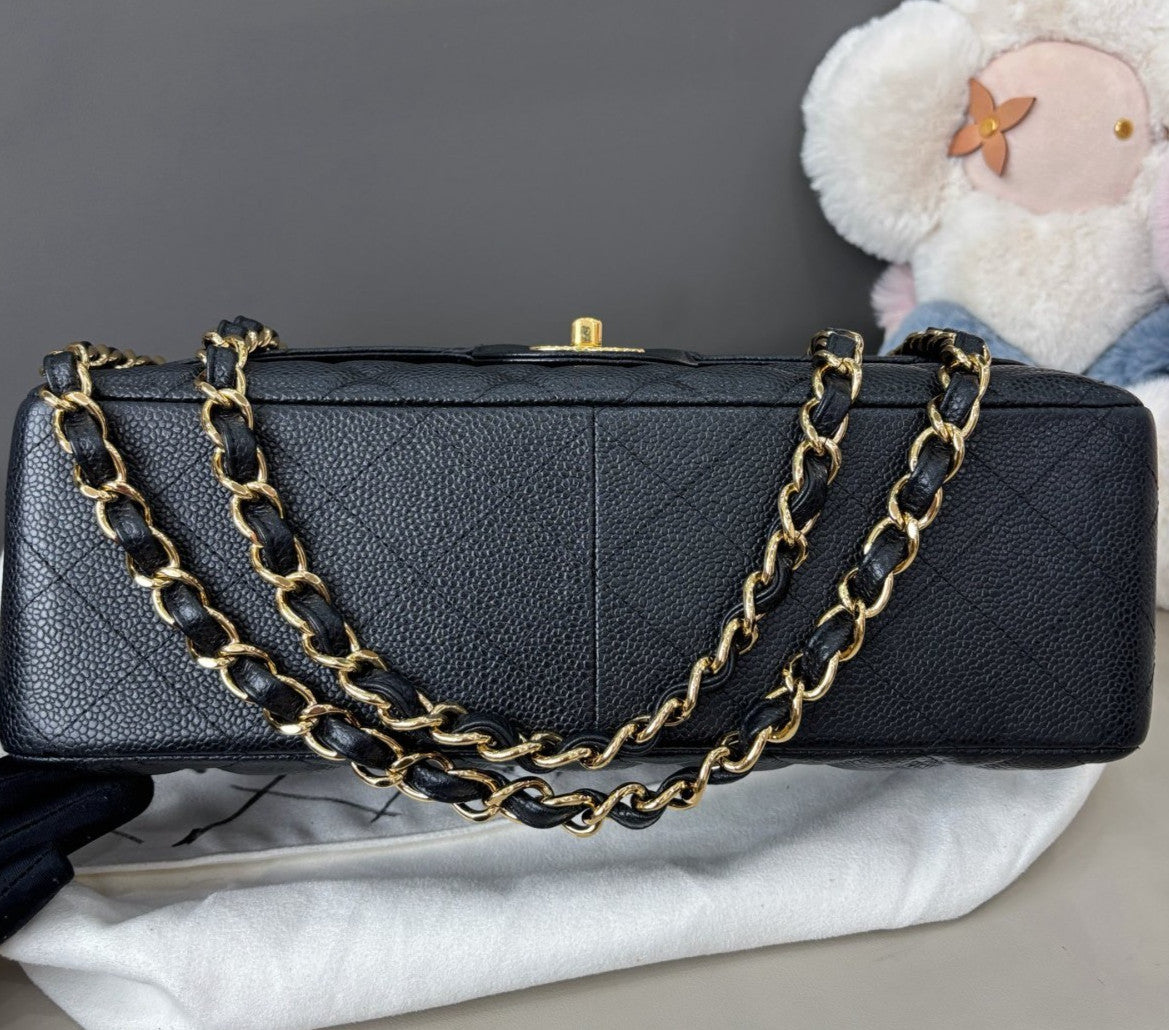 Chanel Classic Flap Jumbo Calfskin Chain Shoulder Bag Black Gold Women Fashion