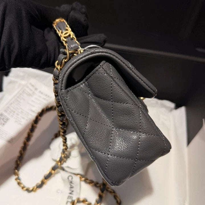 Chanel Classic Flap Mini CC Logo Calfskin Top Handle Shoulder Bag Gray Women D
