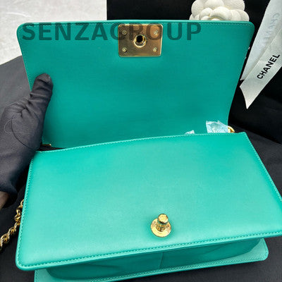 Chanel Le Boy Medium V-Stitch Chain Shoulder Bag Green Gold Clasp