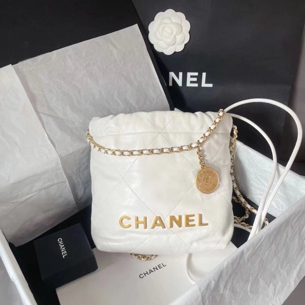 CHANEL Mini 22Bag White Gold Hardware Tote Chain Shoulder Bag For Women