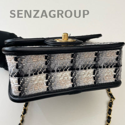 Chanel Tweed Messenger Chain Shoulder Crossbody Bag Black White Gold