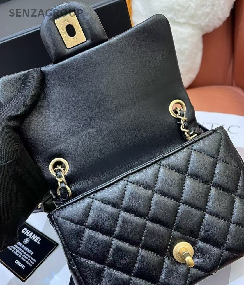 Chanel Diamond Chain Crossbody Shoulder Bag Black Gold Women Classic Fashion