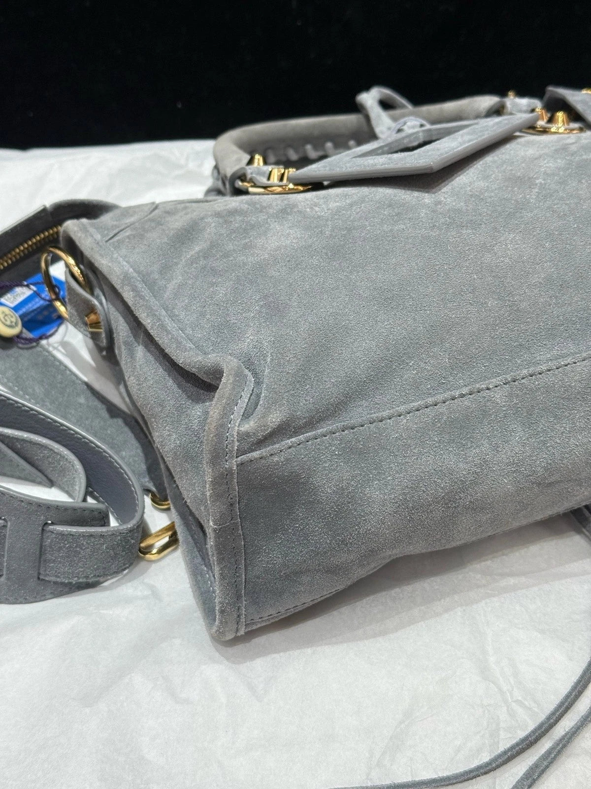 Balenciaga Le City Suede Top Handle Crossbody Gray Gold Women Classic