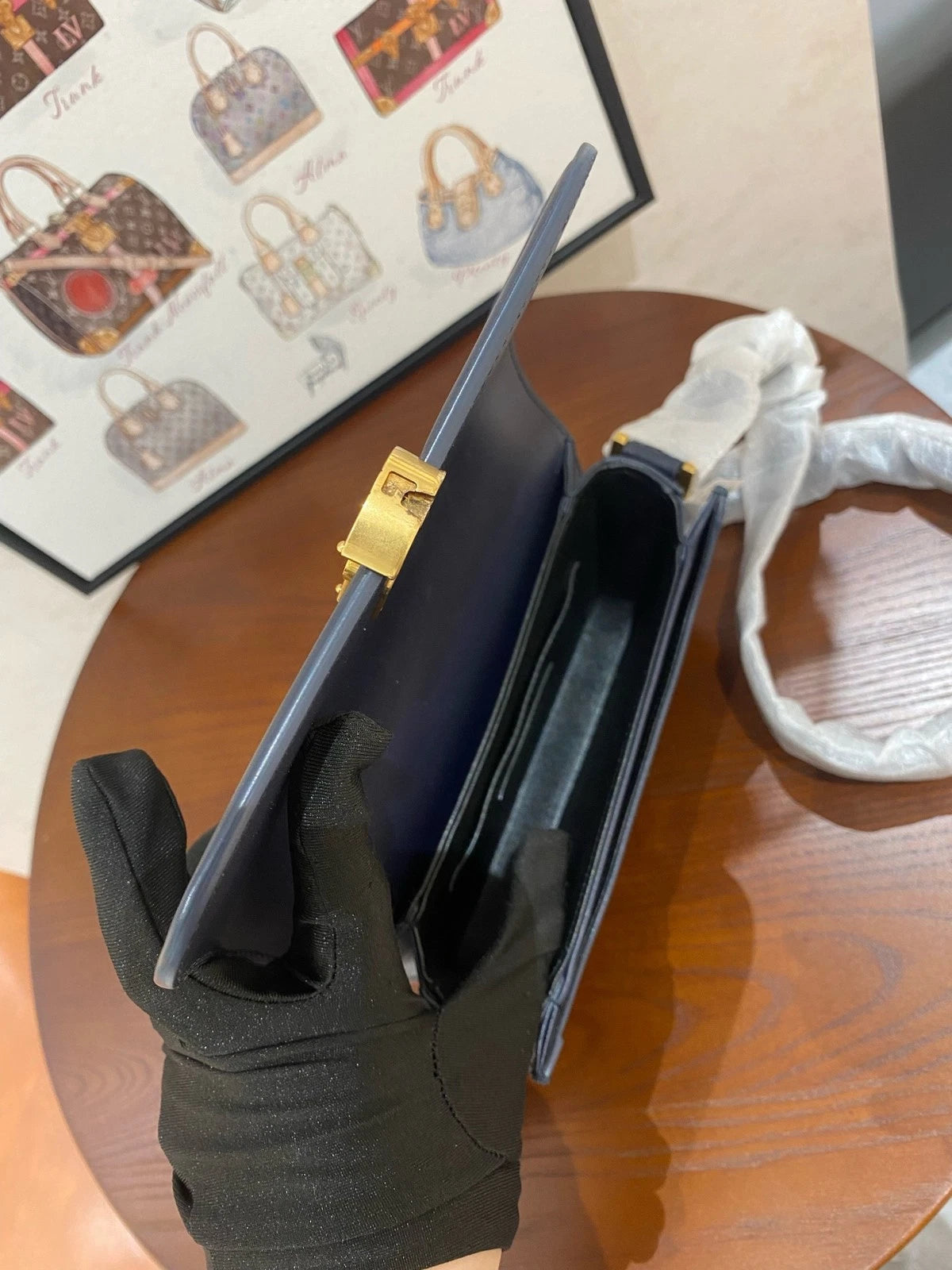 YSL Navy Blue Leather Gold Logo Shoulder Crossbody Bag For Women