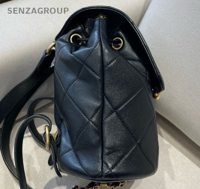 Chanel Diamond Lambskin Backpack Black Gold Used Women Classic Fashion