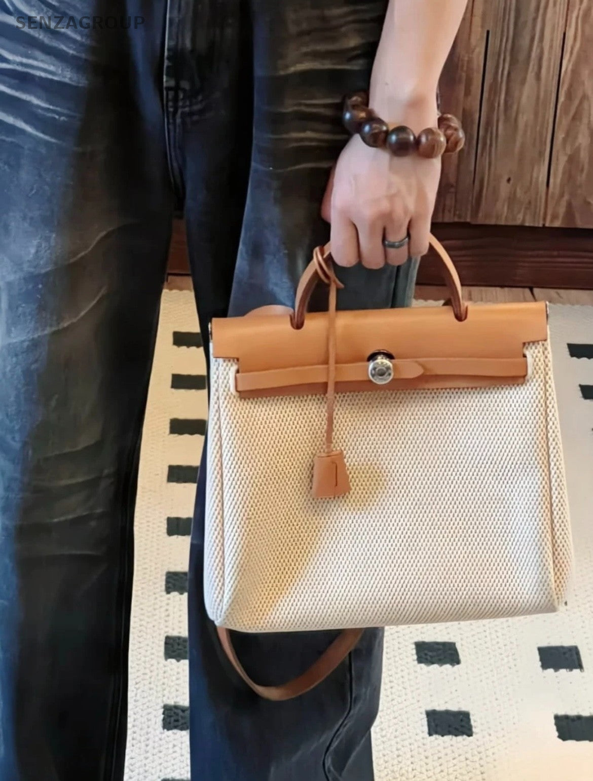 Hermes Vintage herbag31 Top Handle Canvas Shoulder Handbag Beige Women Orange