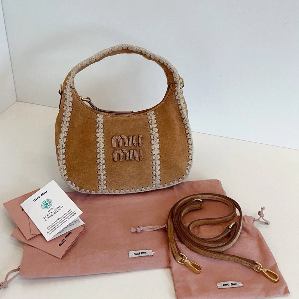 Miu Miu Wander Suede Top Handle Shoulder Bag Brown Gold Women Classic
