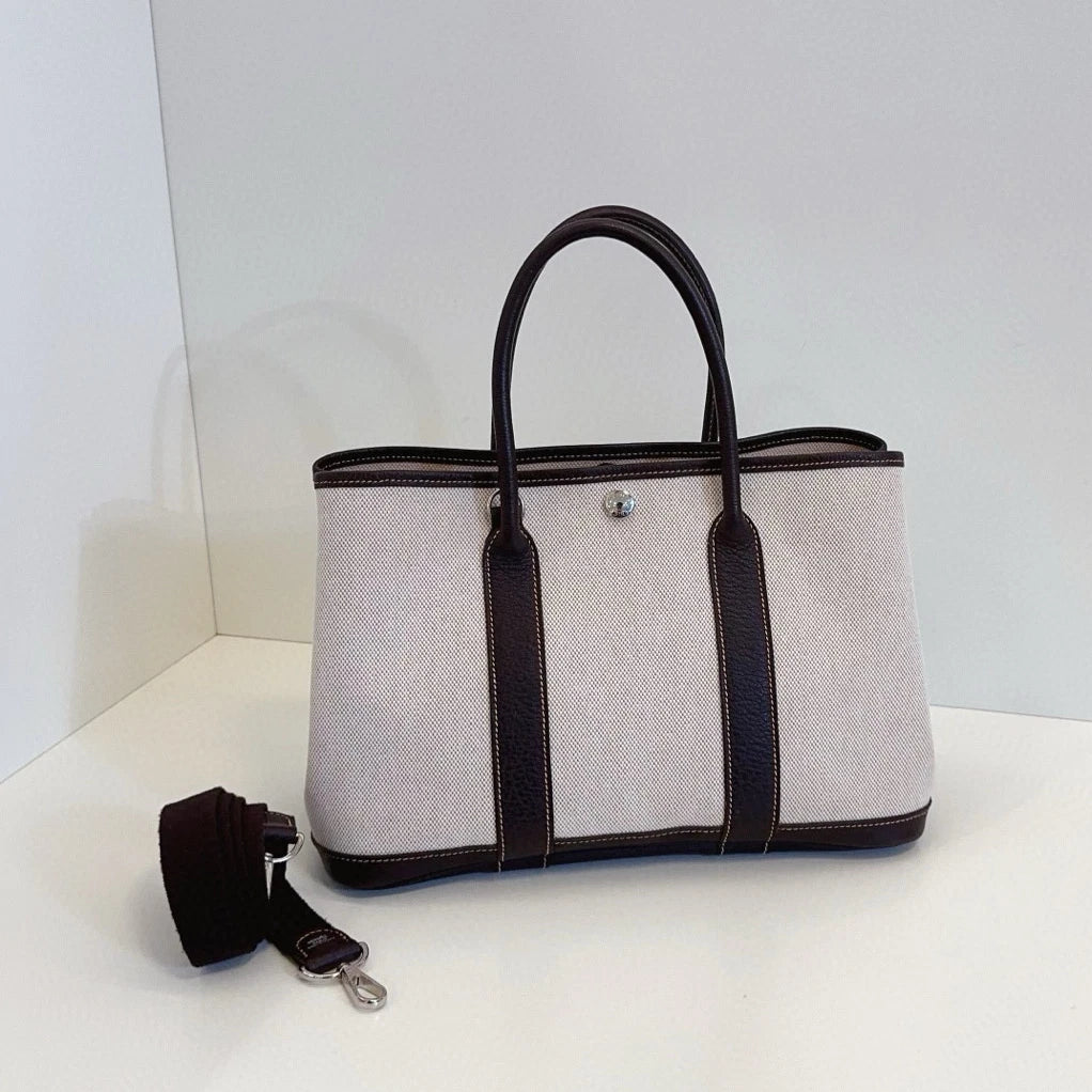 Hermes Garden Party30 Top Handle Shoulder Bag White Brown Silver Women Classic