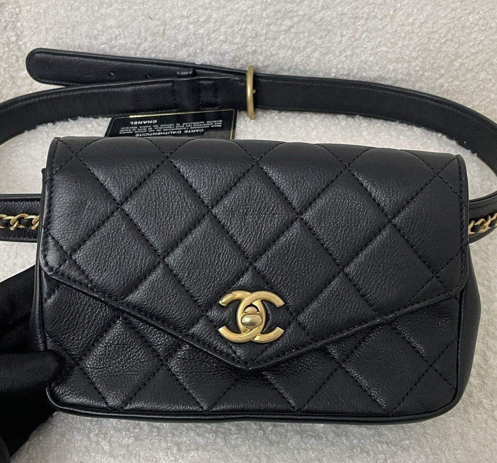 Chanel Diamond Calfskin Waist Bag Crossbody Black Gold Used Women Classic