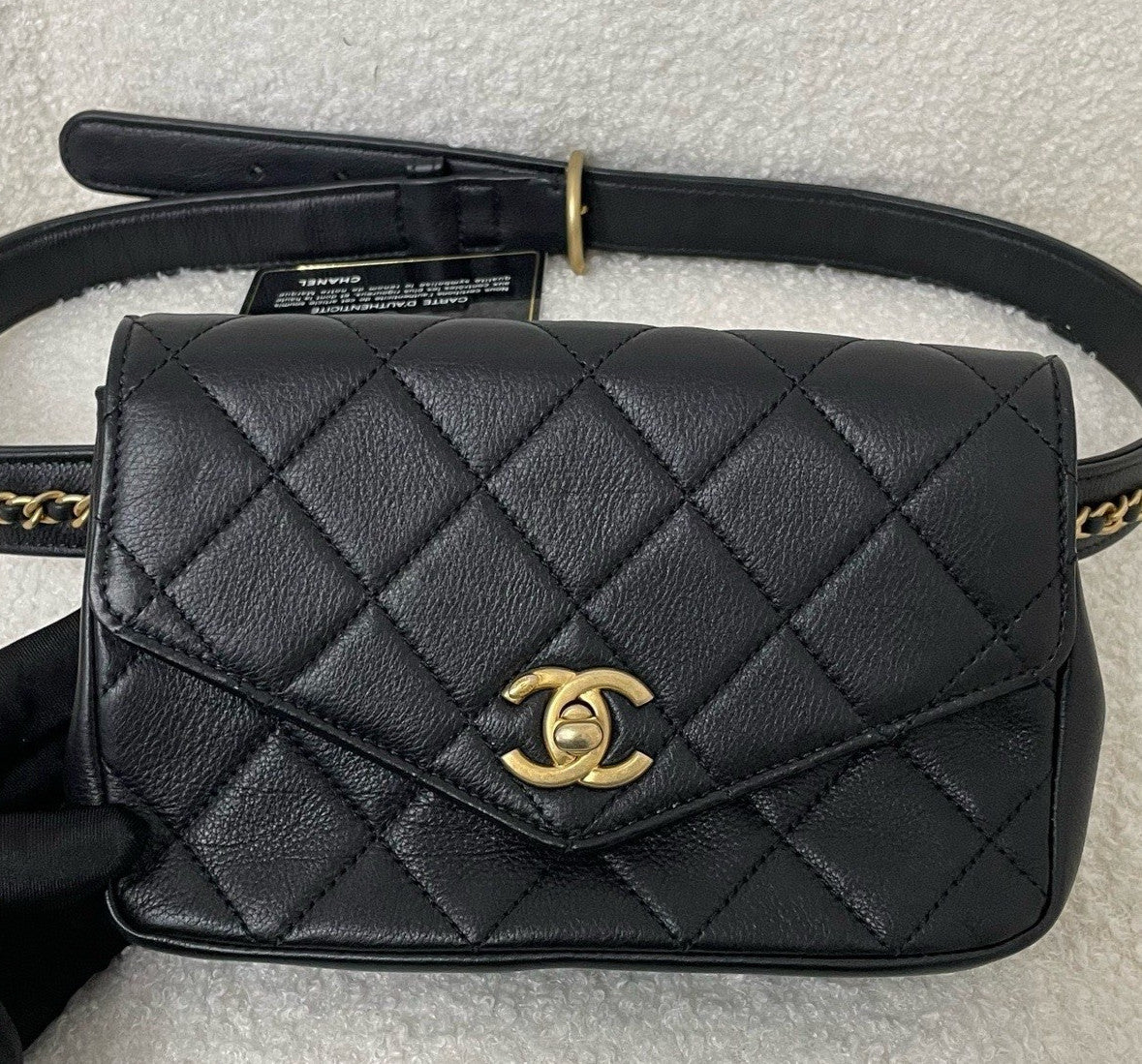 Chanel Diamond Calfskin Waist Bag Crossbody Black Gold Used Women Classic