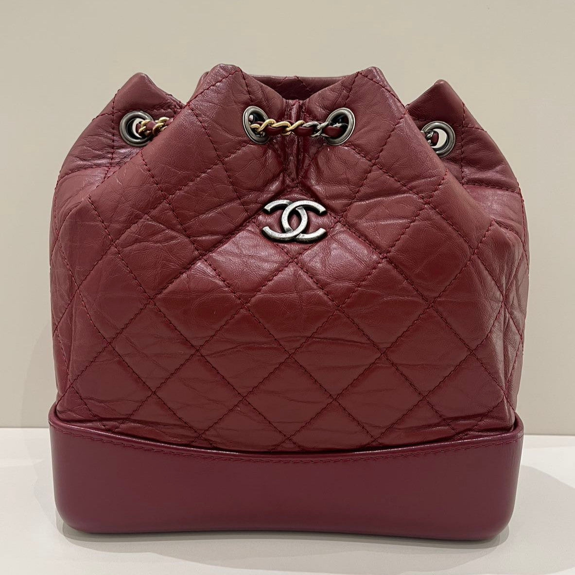 Chanel Gabrielle Backpack Red Silver Quilted Classic Women's Bag