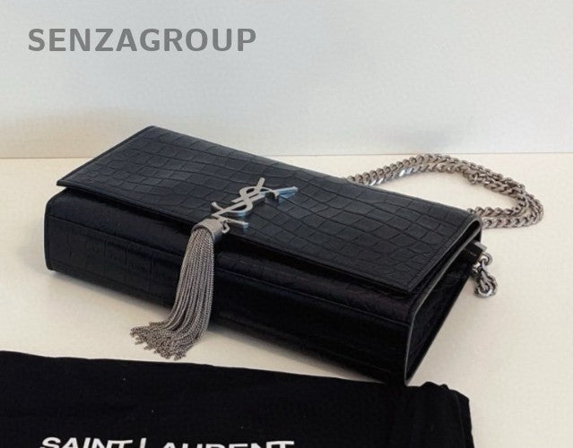 YSL Saint Laurent Kate MM Alligator pattern Chain Shoulder bag Black Silver