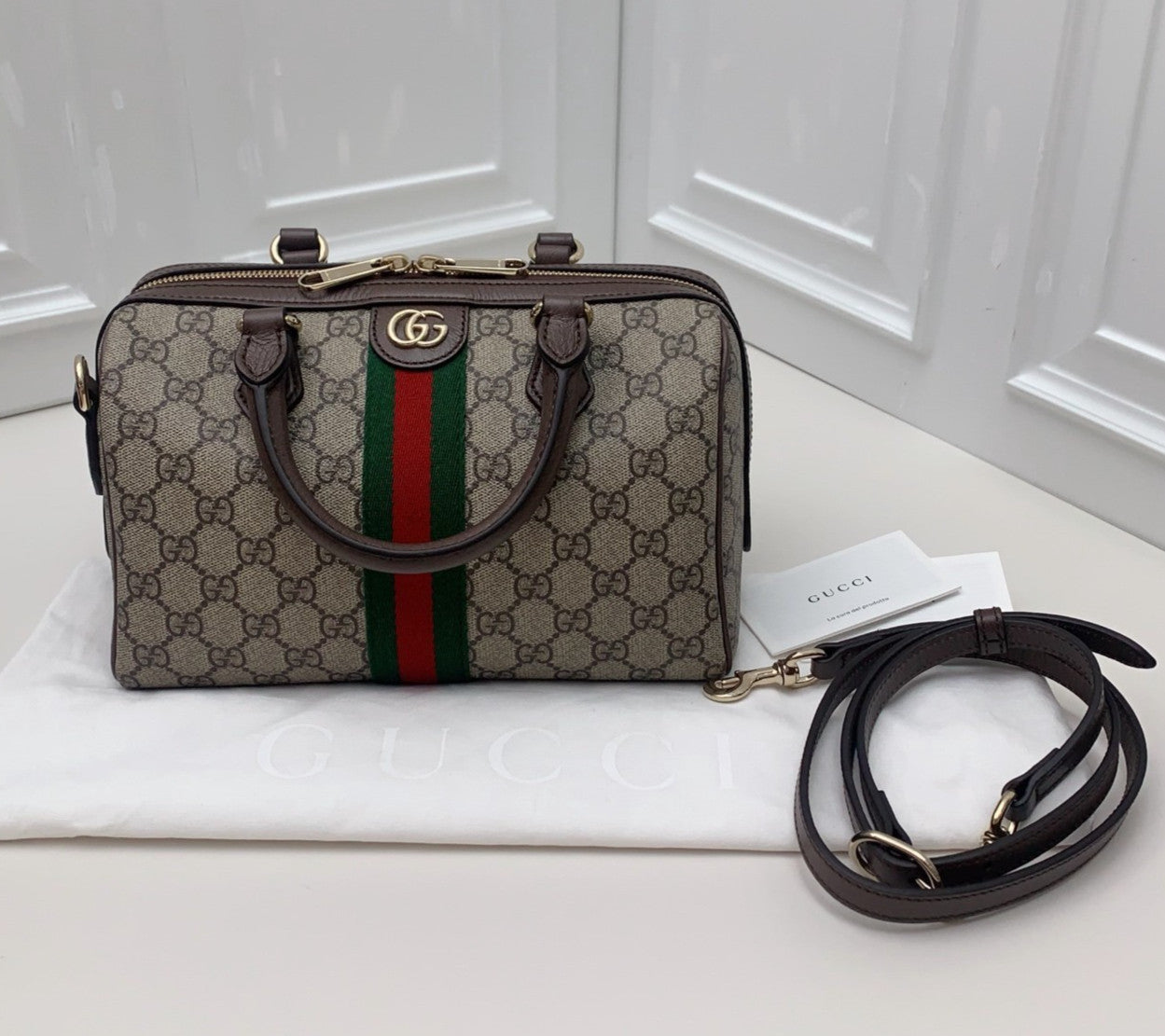 Gucci Boston Ophidia Top Handle Crossbody Brown Gold Used Women Classic
