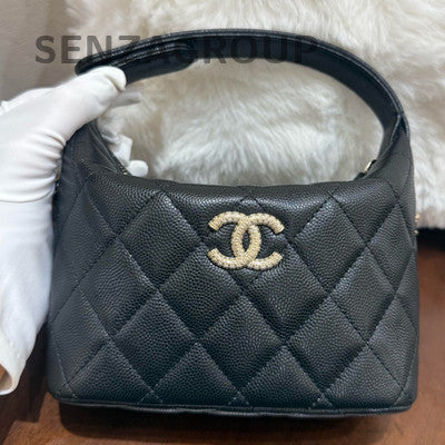 Chanel 25A Black Large Logo Gold Hardware Chain Shoulder Bag