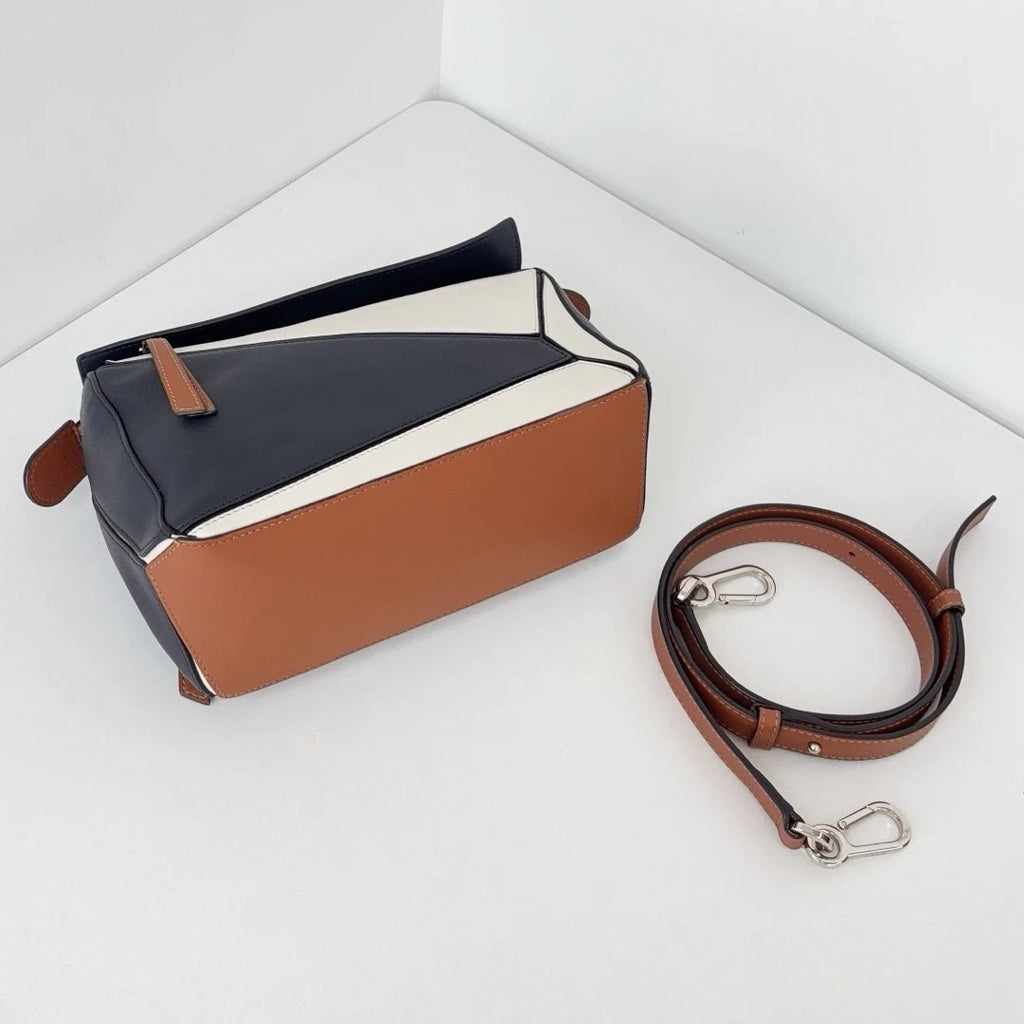 Authentic Loewe Puzzle MM Navy Top Handle Bag Crossbody Silver Hardware