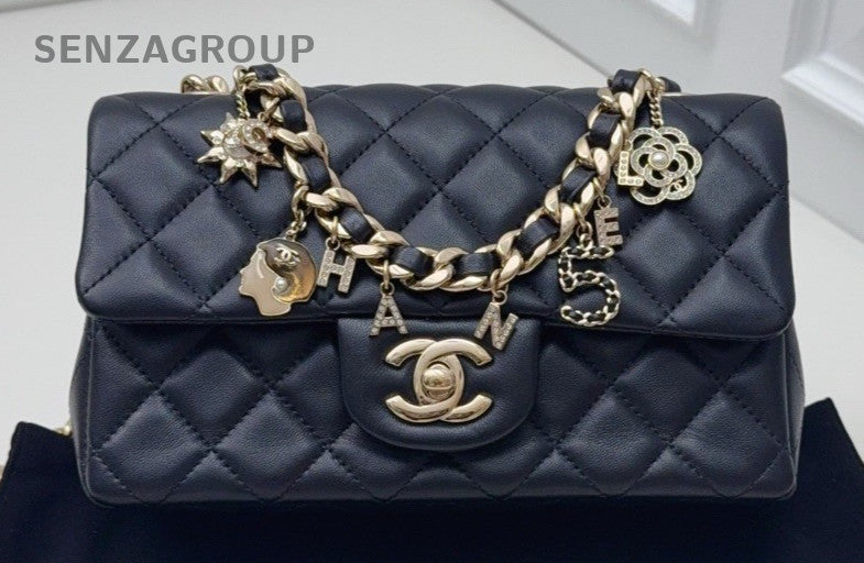 Chanel Classic Flap Mini Lambskin Chain Shoulder Bag Crossbody Black Gold Women