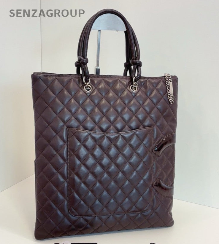 Chanel Cambon CC Logo Top Handle Bag Brown Red Silver Women Classic Diamond