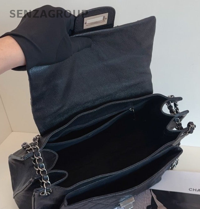 Chanel 2.55 Chain Calfskin Tote Shoulder Bag Black Silver Used Women Classic