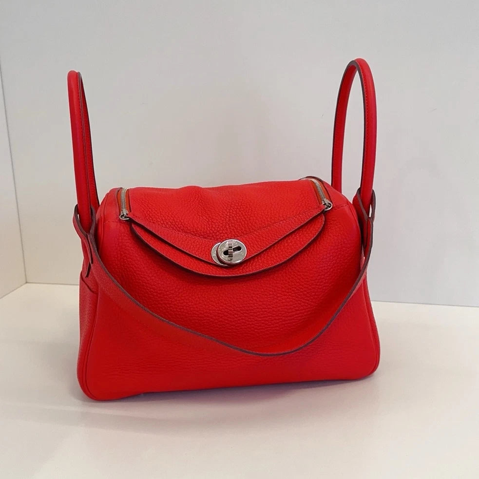 Hermes Lindy26 Top Handle Shoulder Bag Red Silver Women Classic Fashion