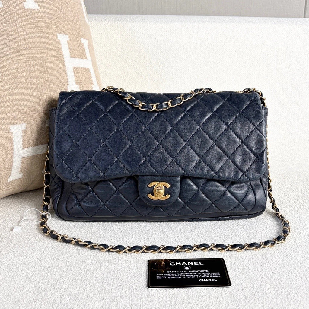 Chanel Classic Flap Chain Lambskin Shoulder Crossbody Blue Gold Women Diamond