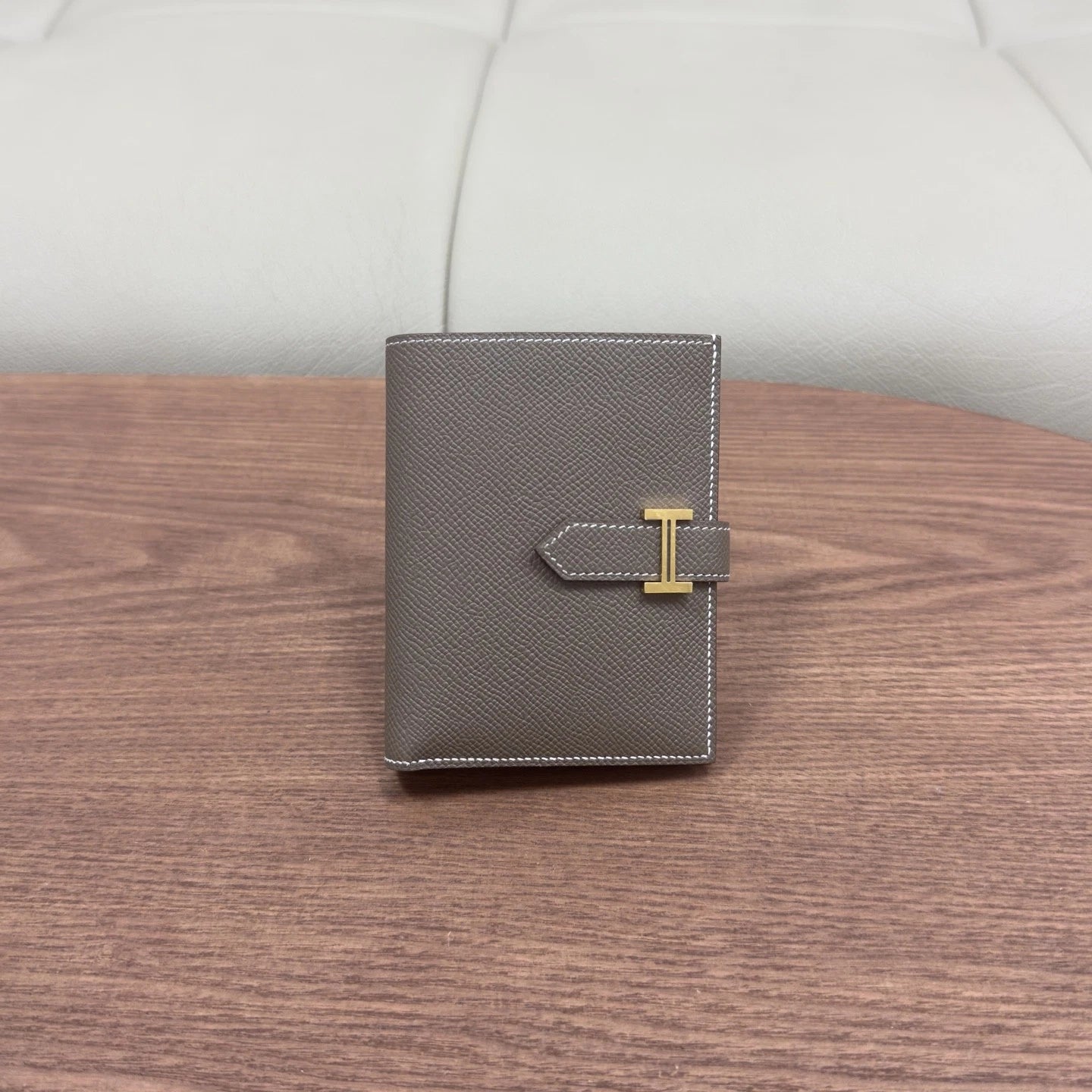 Hermes Bearn Wallet Grey Gold Women Classic