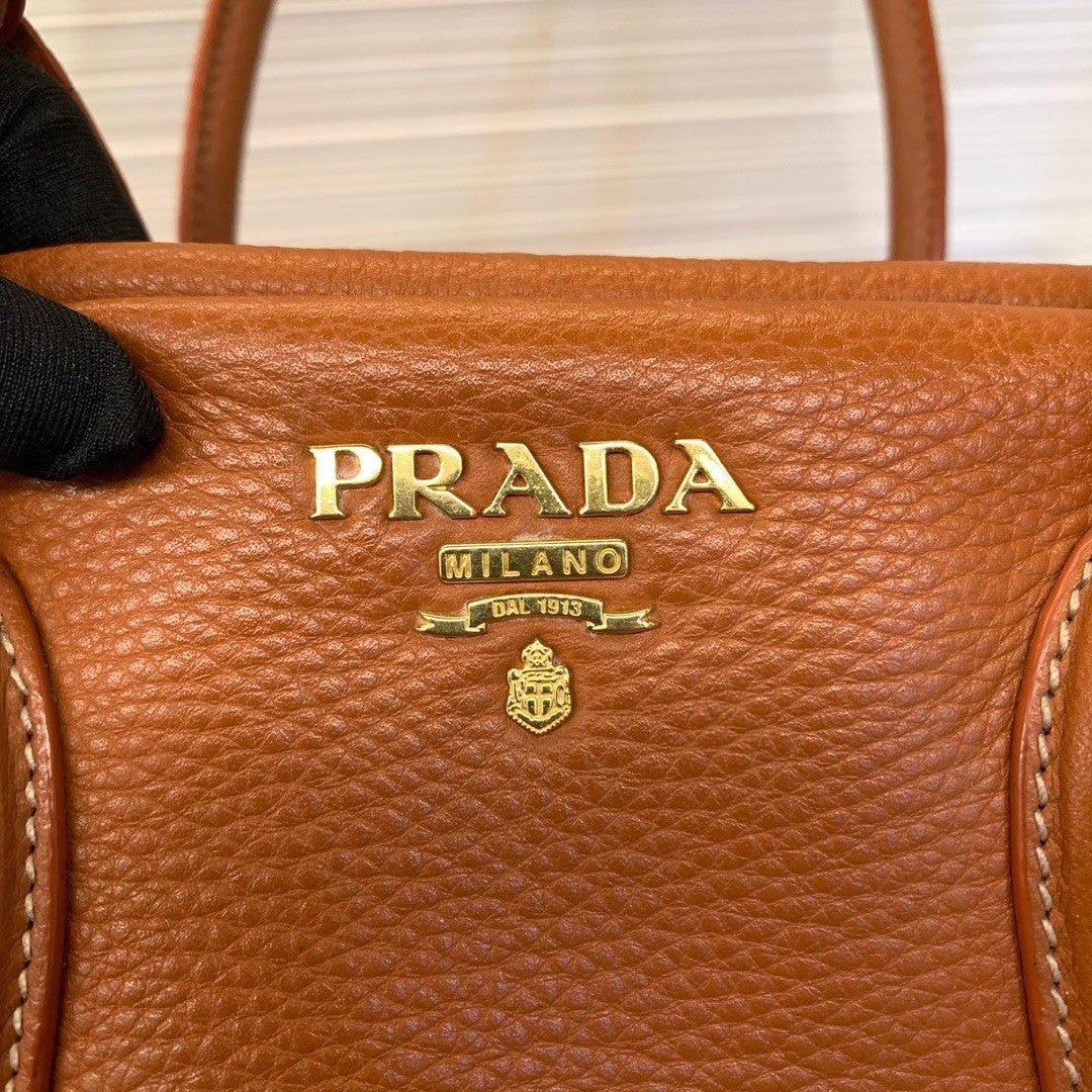 PRADA Top Handle soft Leather Shoulder bag Orange Handbag Women