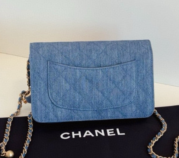 Chanel WOC Denim Chain Shoulder Bag Crossbody Blue Gold Women Classic Fashion