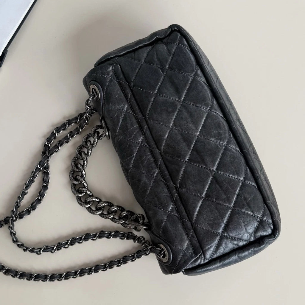 Chanel Calfskin Diamond Silver Chain Shoulder Bag Crossbody Gray