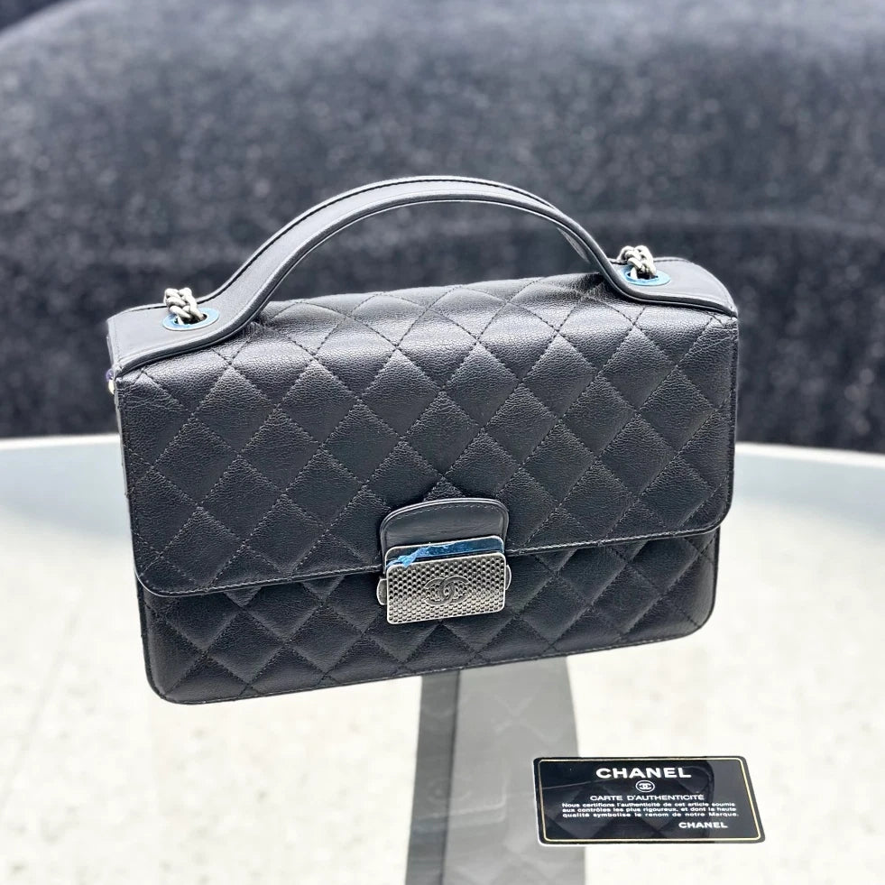 New Chanel Handle Box Bag Black Goatskin Top Handle Bag Silver Hardware
