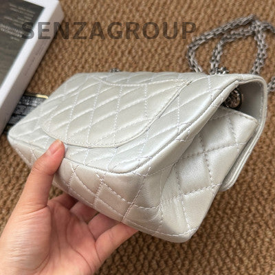 Chanel 2.55 Mini Lambskin Silver Quilted Chain Crossbody Bag