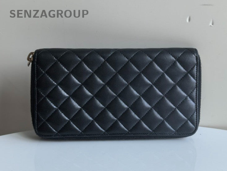 CHANEL CC Logo Long Wallet Diamond Pattern Black Silver