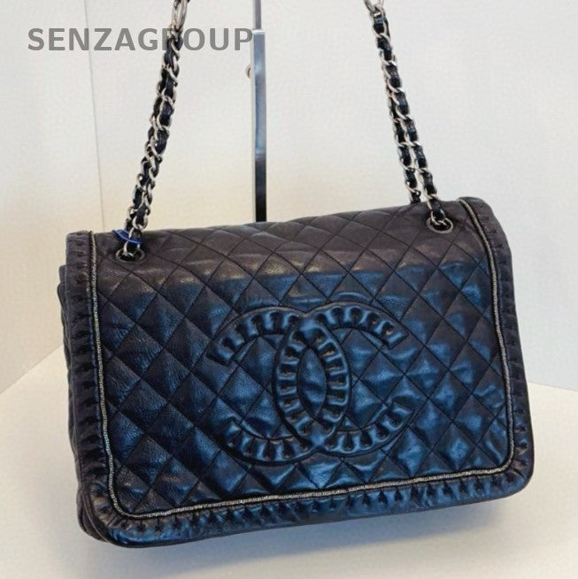 Chanel Calfskin Chain Shoulder Bag Black Silver Used Women Classic Diamond