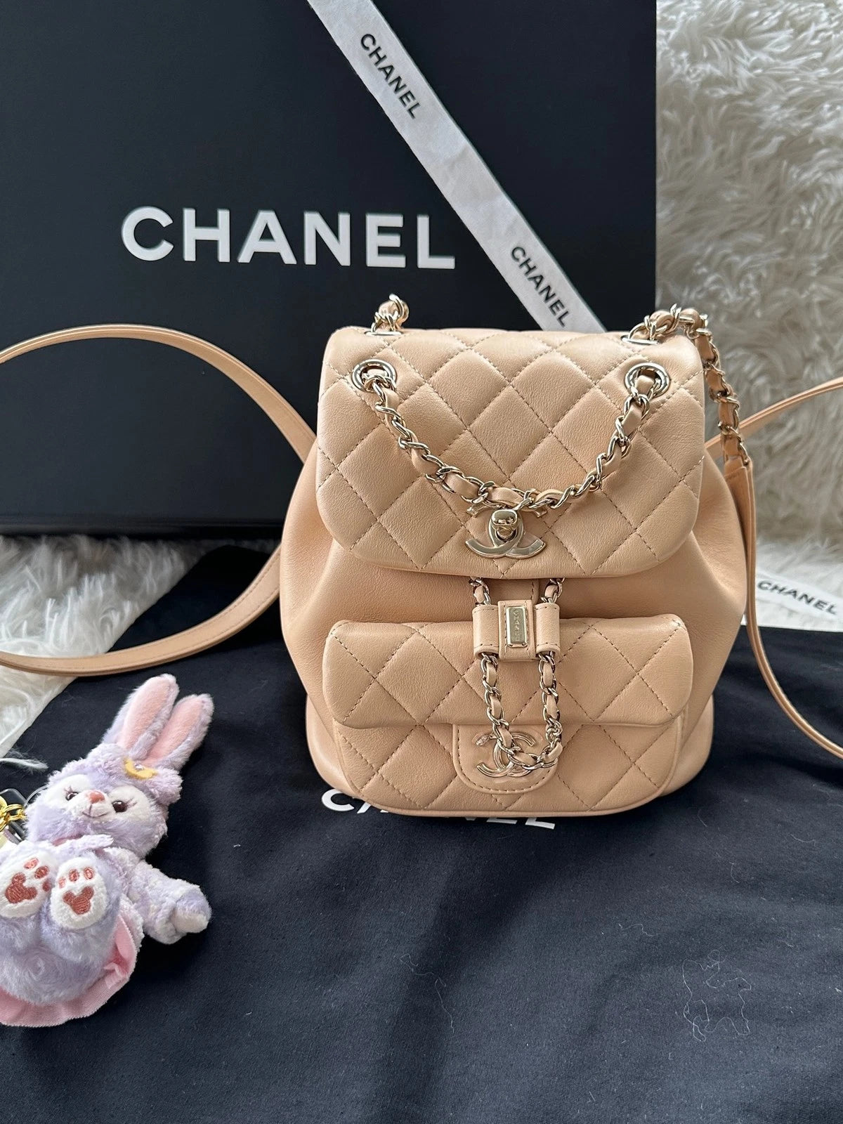 CHANEL Duma Small Calfskin Beige Gold Chain Backpack For Women