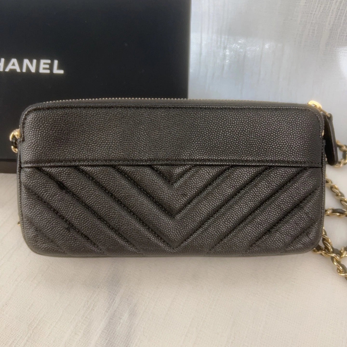 CHANEL Black Gold Caviar Leather WOC Shoulder Bag For Women