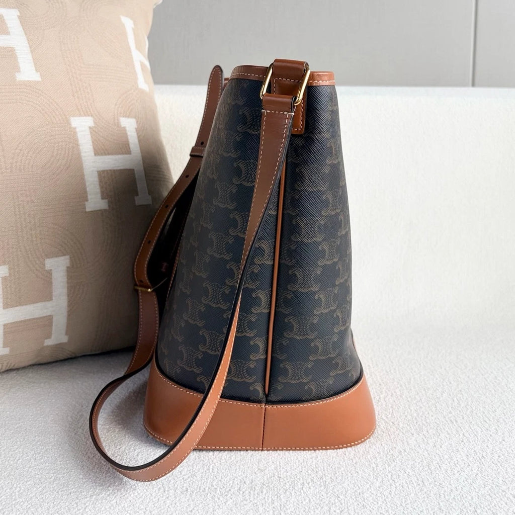 Celine Triomphe MM Bucket Shoulder Bag Black Brown Gold Women Classic