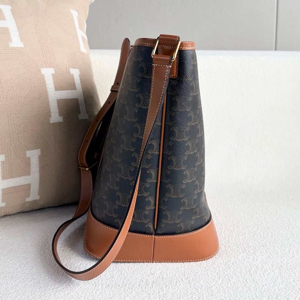 Celine Triomphe MM Bucket Shoulder Bag Black Brown Gold Women Classic