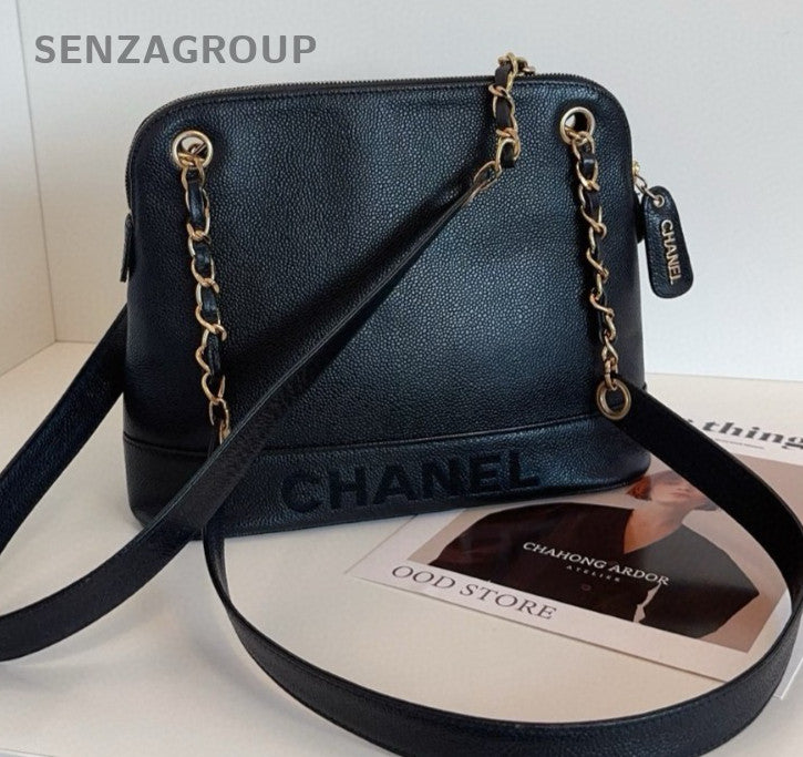 Chanel Calfskin Chain Shoulder Bag Black Gold Women Classic Vintage