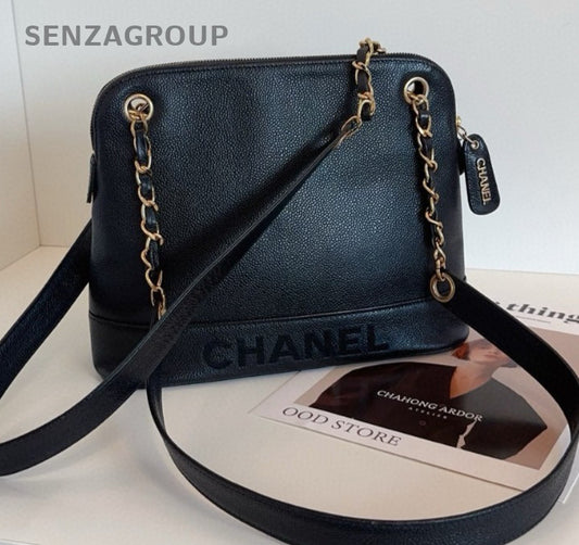 Chanel Calfskin Chain Shoulder Bag Black Gold Women Classic Vintage